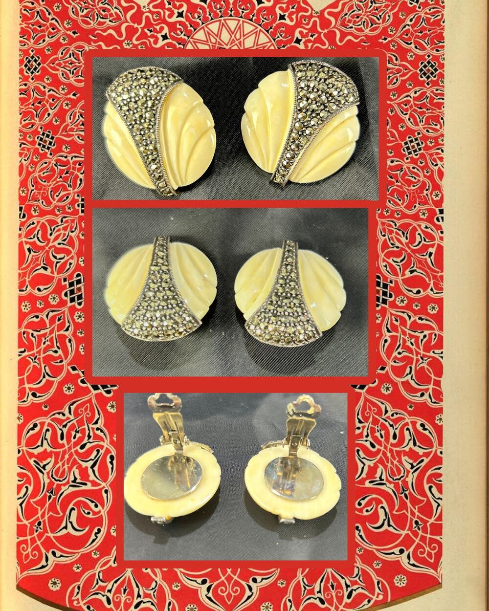 Vintage Ivory Art Deco Celluloid Marcasite Clip-On Earrings